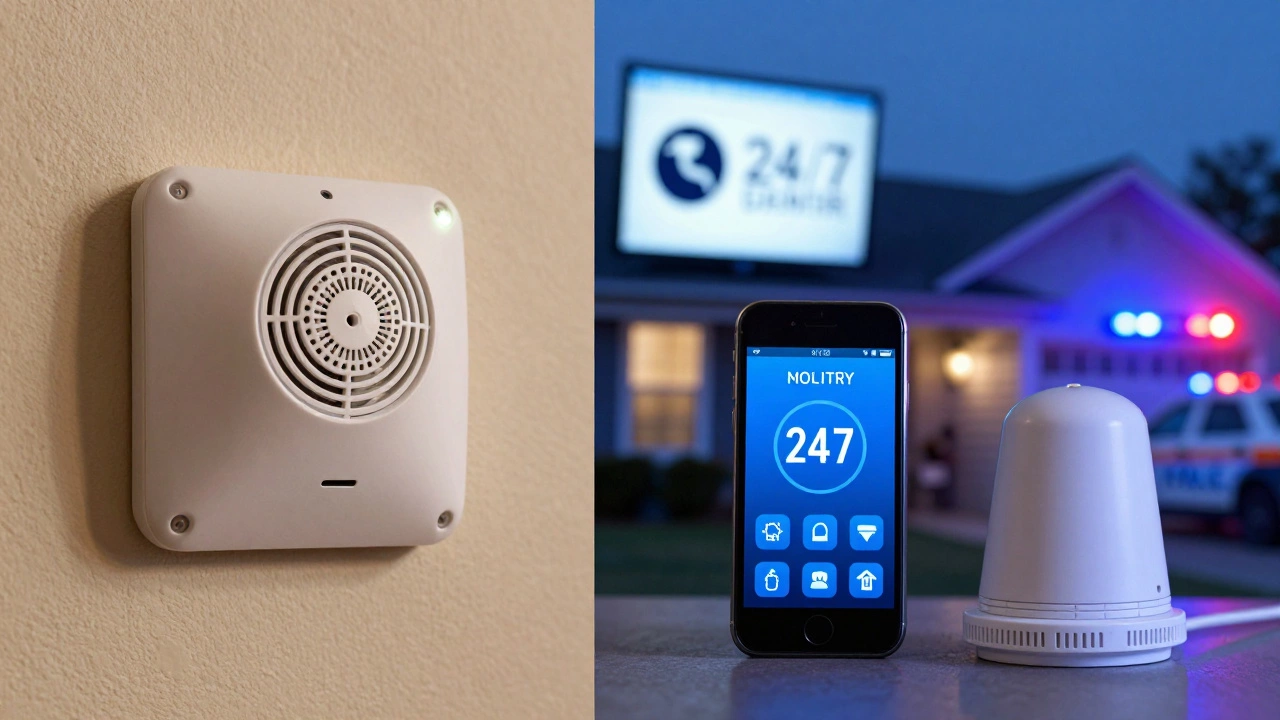 Side-by-side comparison of a basic alarm system versus a monitored system with police response and smartphone alert.