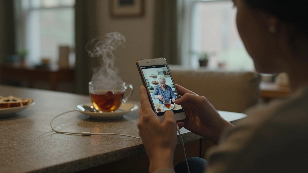 Woman watching live feed of her mother making tea on phone, old phone mounted on kitchen counter.