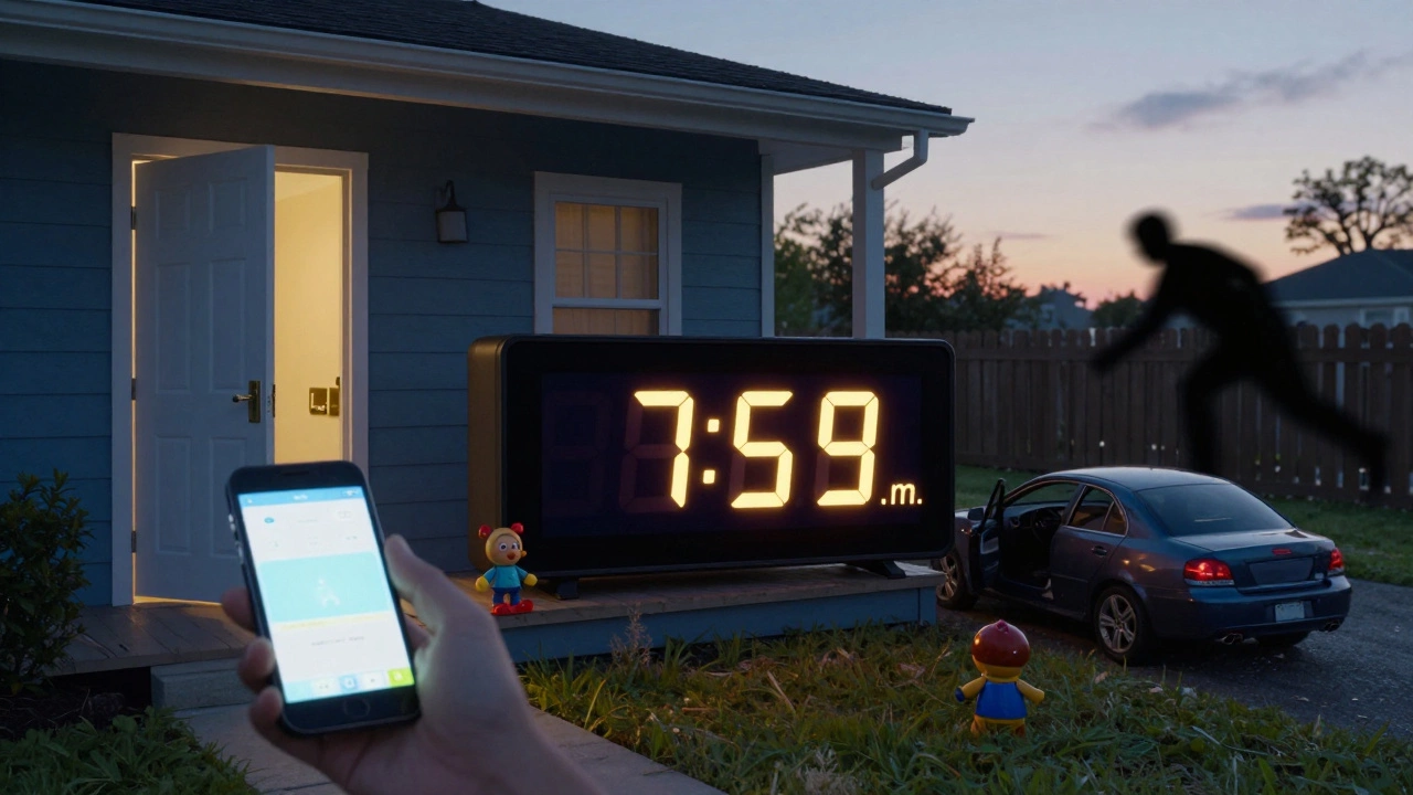 A digital clock at 8 p.m. surrounded by symbols of home vulnerability: unlocked door, phone, toy, and shadow.