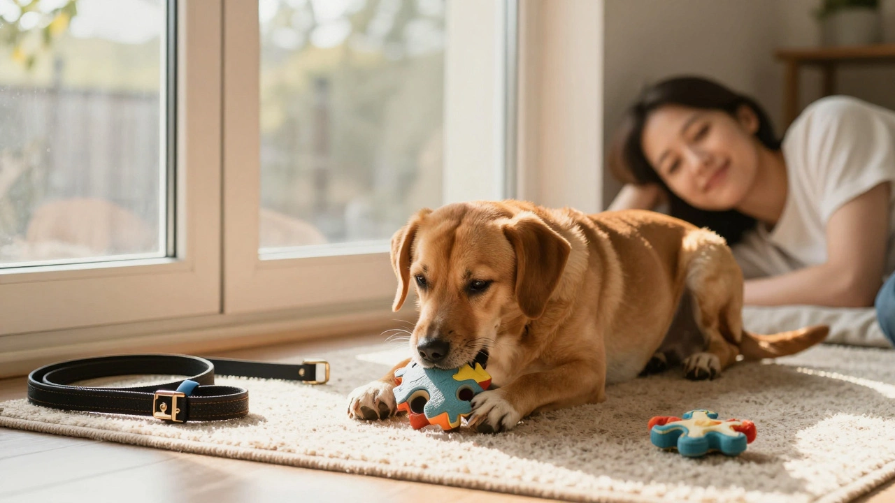 A dog calmly chewing a puzzle toy beside a sunlit window, owner smiling nearby, toys nearby.