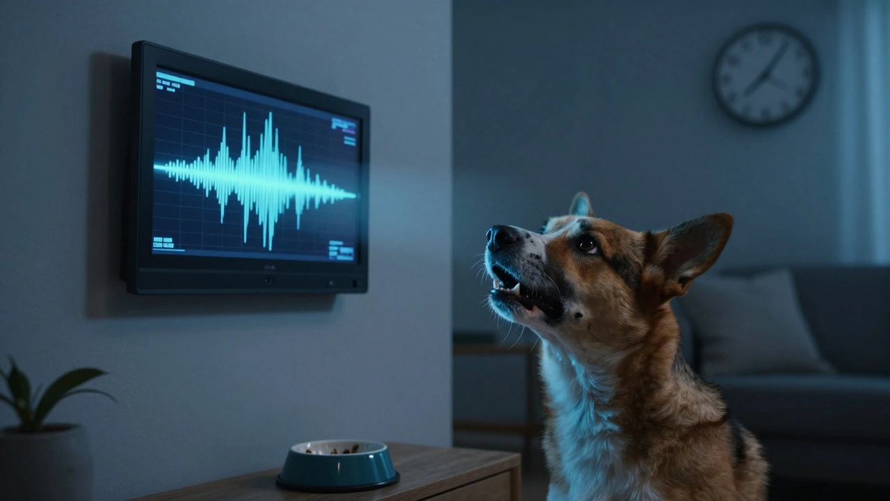 A dog frozen mid-bark in a living room, reacting to an ultrasonic device on the wall, looking confused.