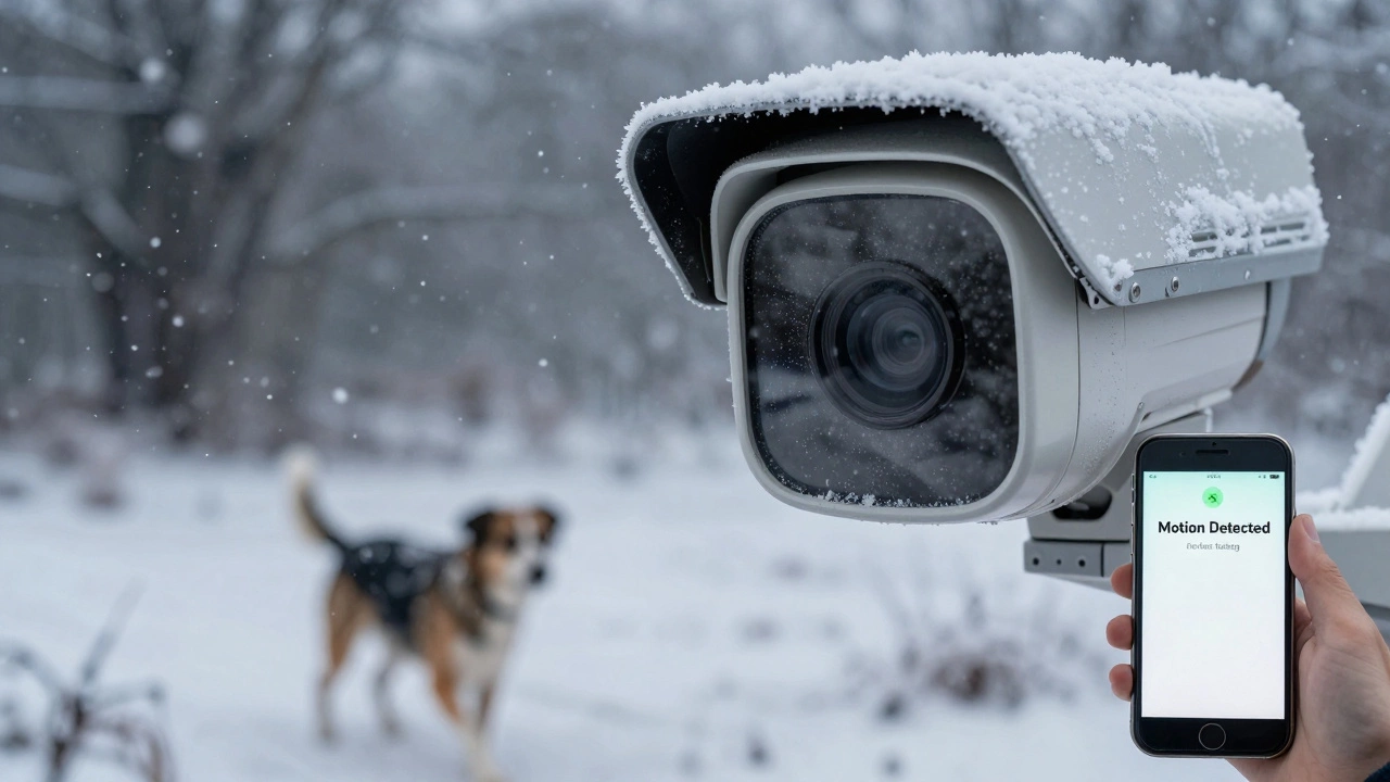 A frost-covered outdoor camera producing blurry footage as a dog triggers a motion alert.