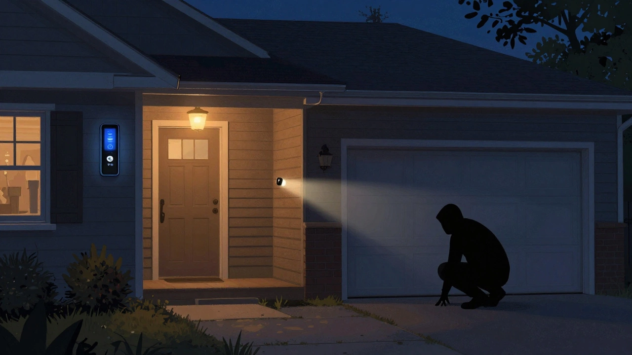 A home at dusk with auto-locking smart lock and motion lights, while a burglar crouches near the garage.