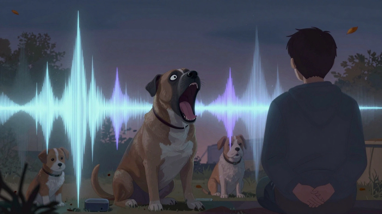 An artistic depiction of a sound barrier stopping a barking dog, with two other dogs nearby unaffected, symbolizing selective hearing.