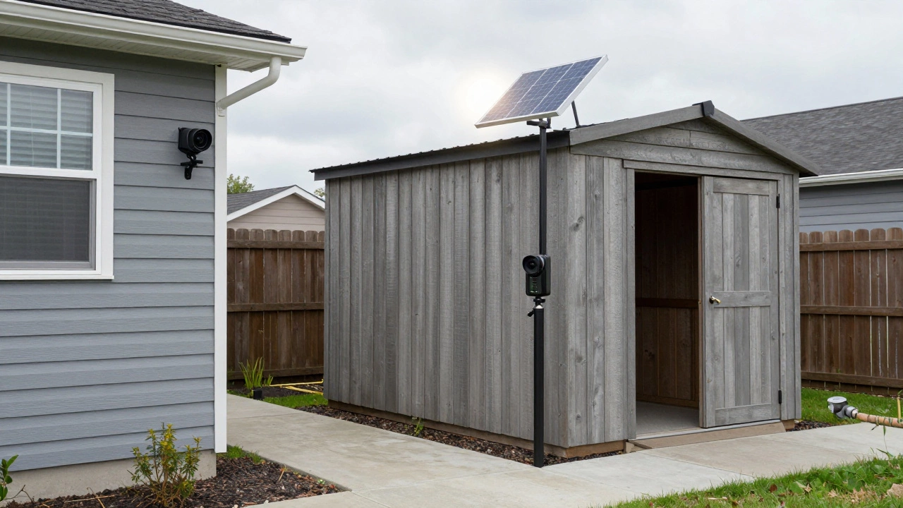 Battery camera with solar panel on shed post in garden.