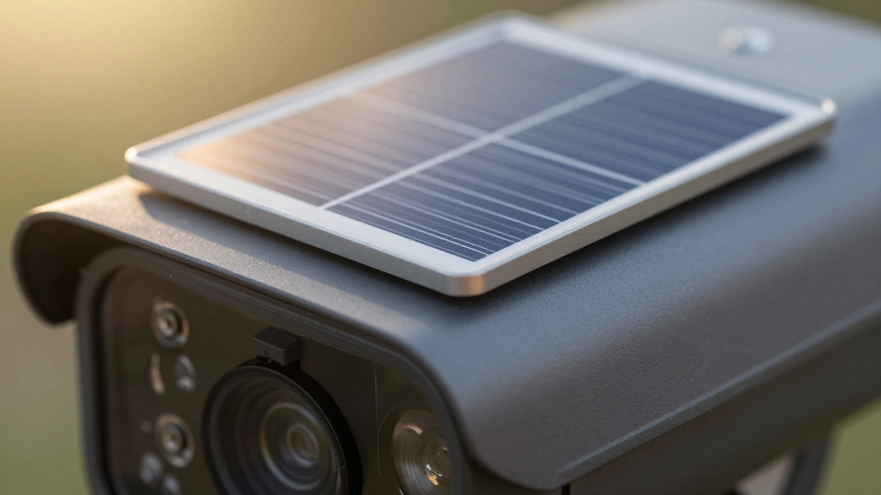 Close-up of a security camera with an attached solar panel charging in sunlight