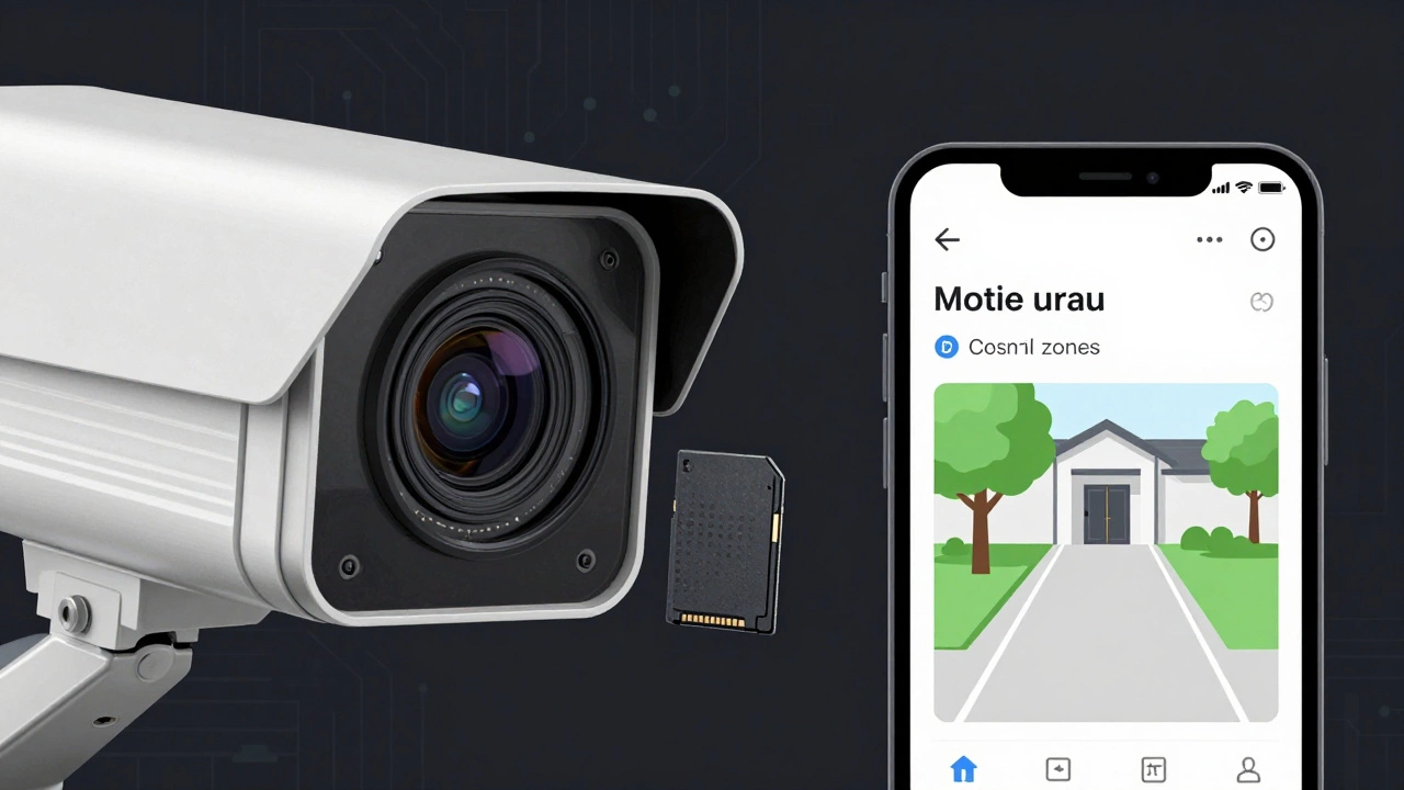 Close-up of security camera sensor and lens with microSD slot, smartphone showing motion zones on driveway.