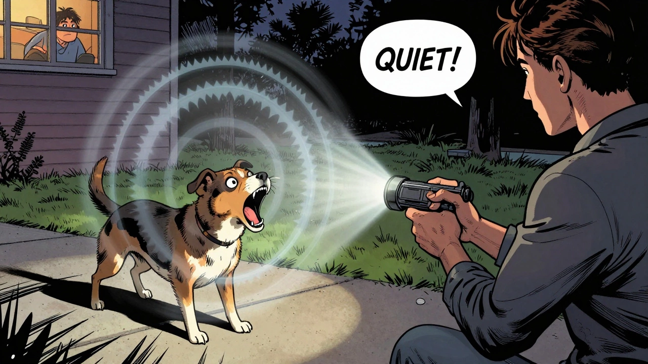 Comic-style illustration of a dog freezing mid-bark as ultrasonic waves radiate from a flashlight-like device held by a person.