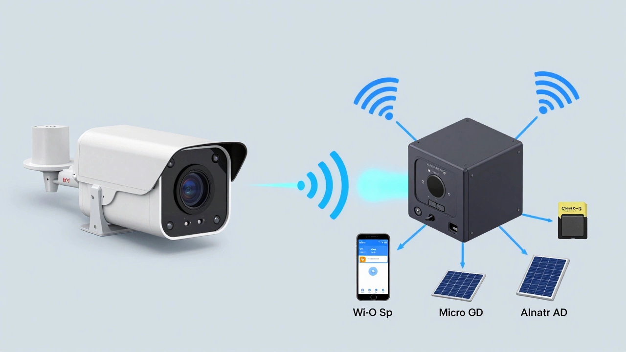 Conceptual diagram showing internal components of a wireless CCTV camera and how data transmits via Wi-Fi, cellular, and storage.