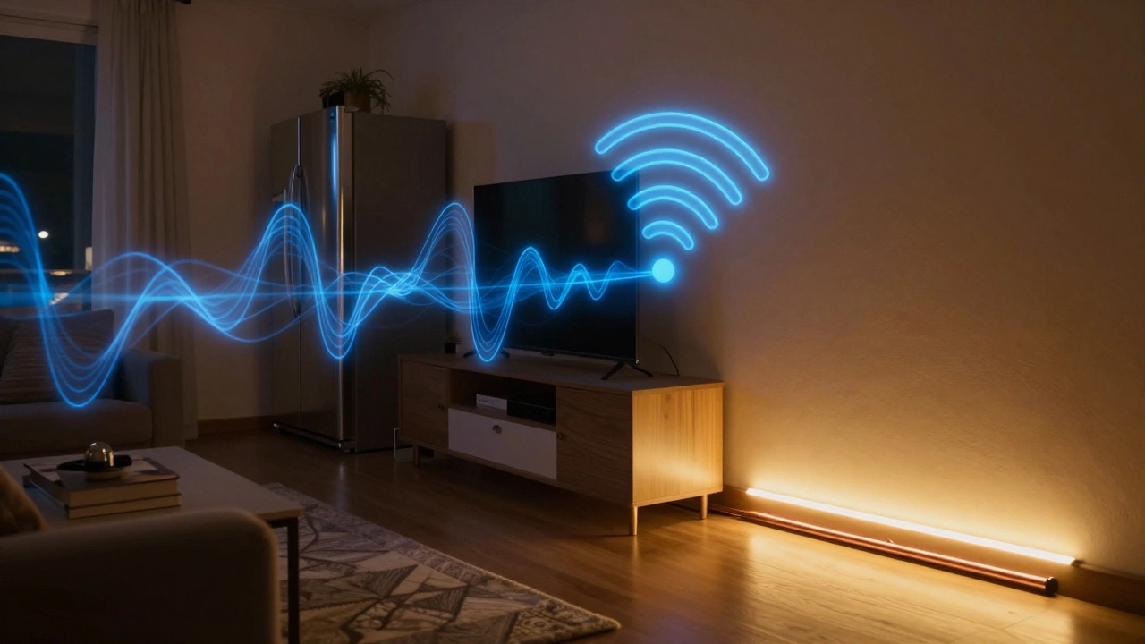 Glowing translucent threads representing wifi signals weaving through room.