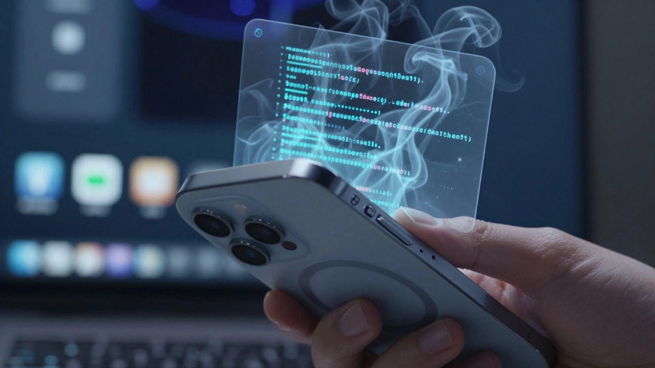 Hand sliding open a camera cover on iPhone while digital spyware code glows faintly in the background.