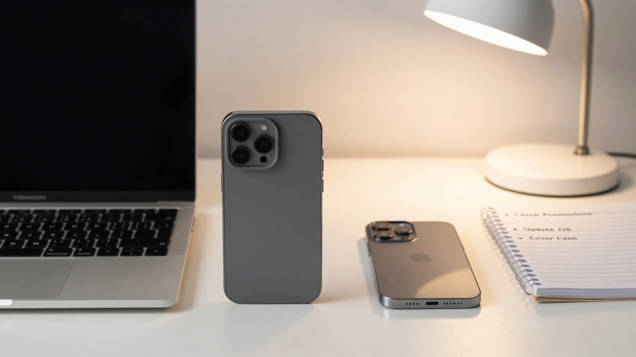 Laptop and phone with camera covers, next to a notepad listing three security steps.