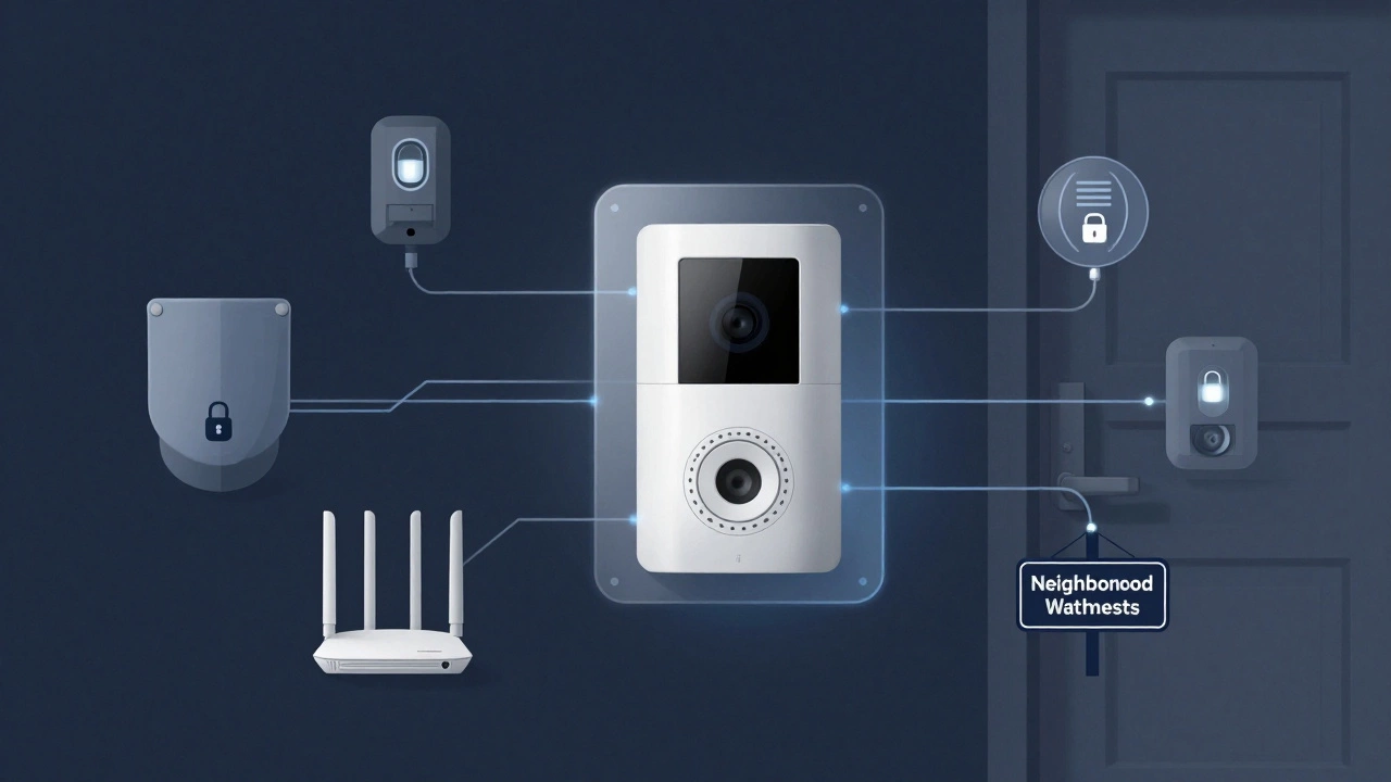Layered home security system with Ring doorbell, motion lights, locked door, and Wi-Fi protection elements.