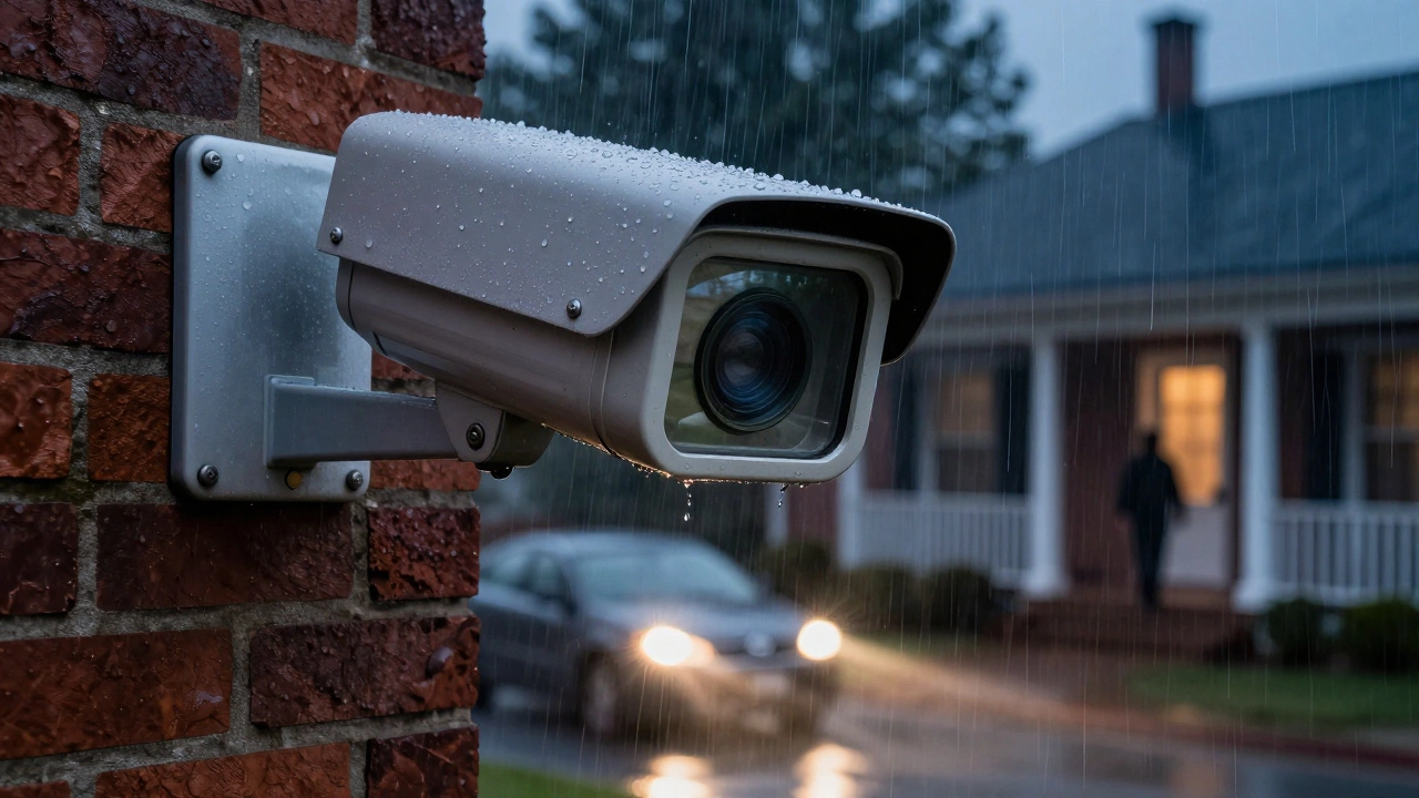 Outdoor security camera in rain, capturing bright car headlights and a person on porch with clear detail.