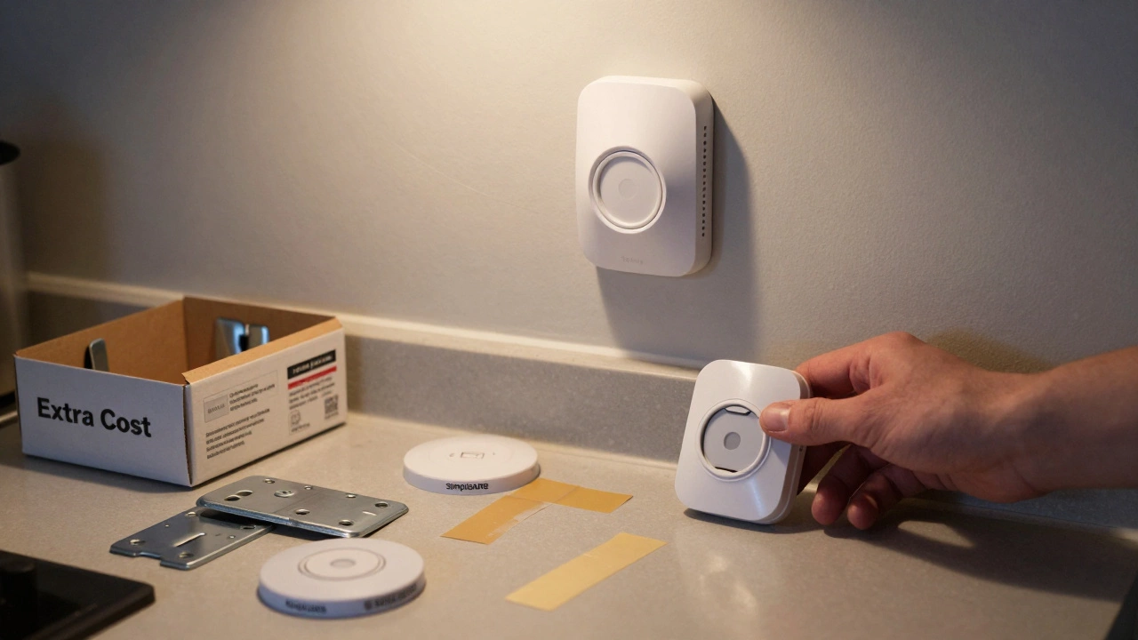 SimpliSafe sensors fallen on the floor with peeling adhesive strips and unused mounting brackets.