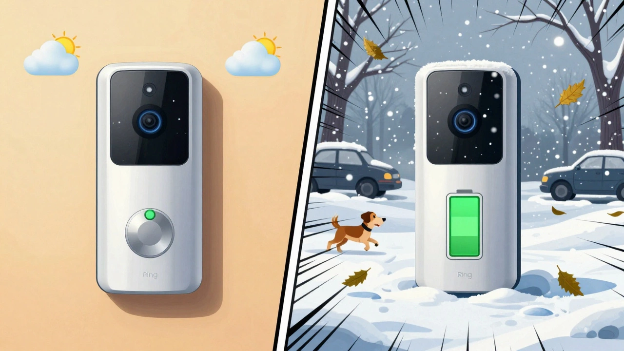 Split illustration of a Ring doorbell in sunny conditions versus freezing snow, showing battery drain from motion triggers.