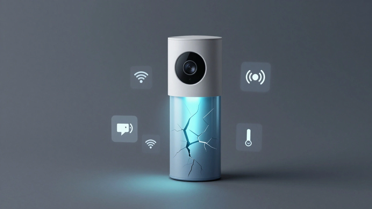 Surreal depiction of a degrading lithium battery inside a doorbell, with icons of alerts and Wi-Fi draining its energy.