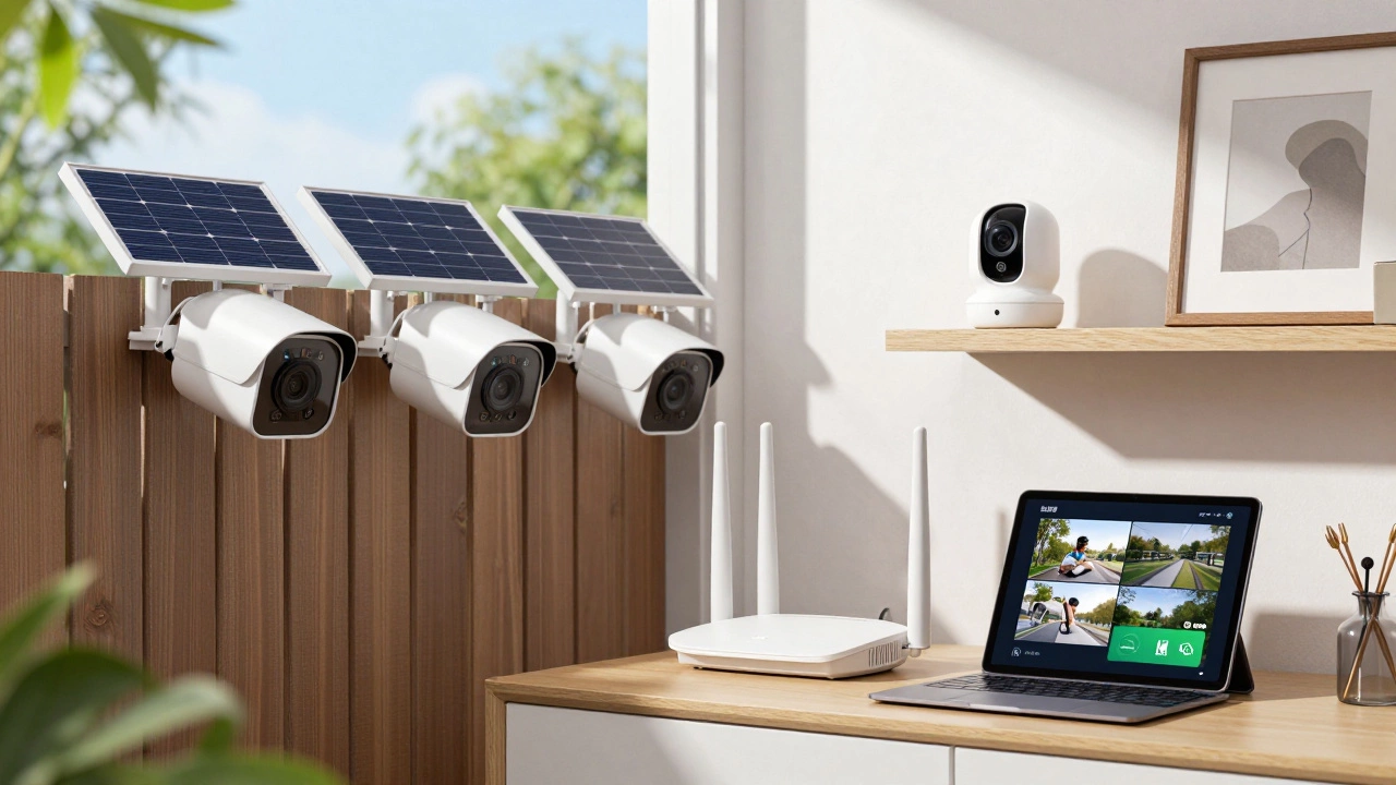 Three solar-powered outdoor cameras and one indoor camera connected to a mesh Wi-Fi router in a modern home setting.