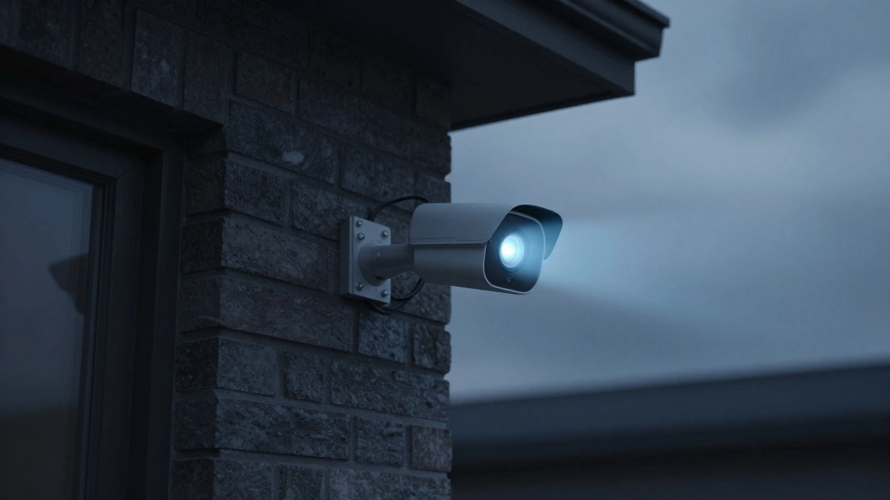 Weatherproof security camera mounted on a wall at twilight with infrared lights