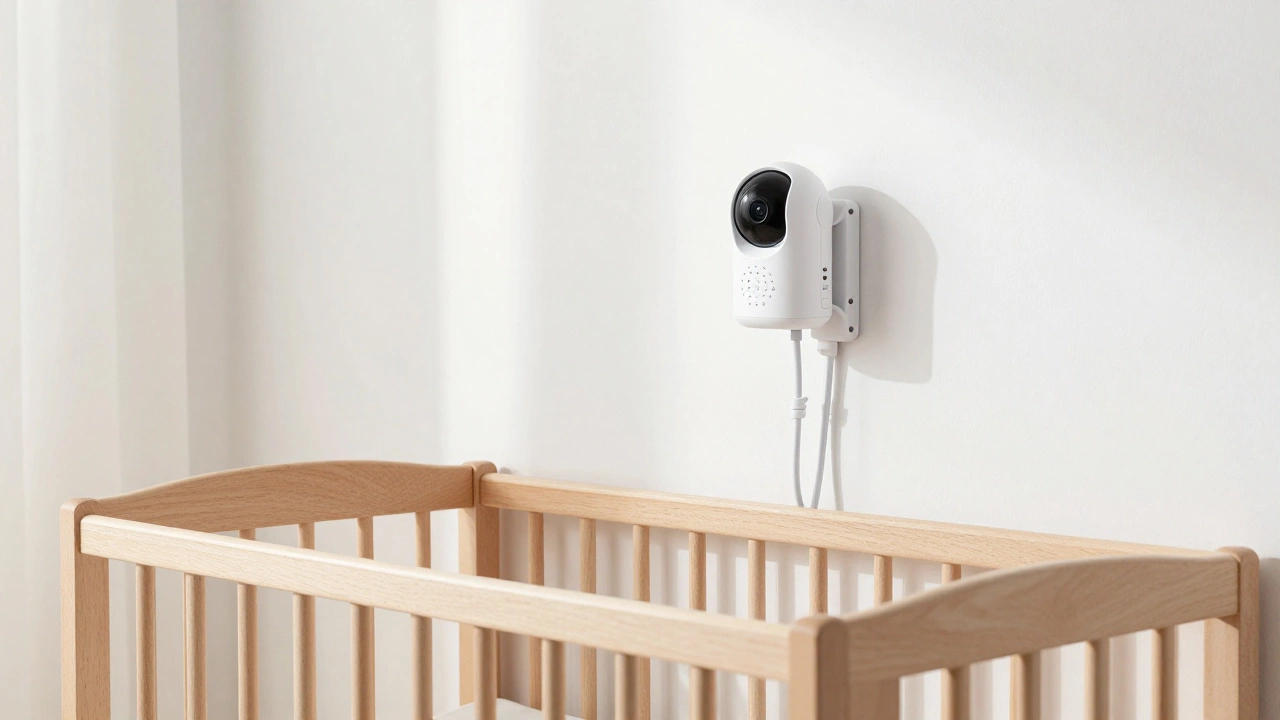 A baby monitor camera safely wall-mounted three feet away from a crib with secured cables.
