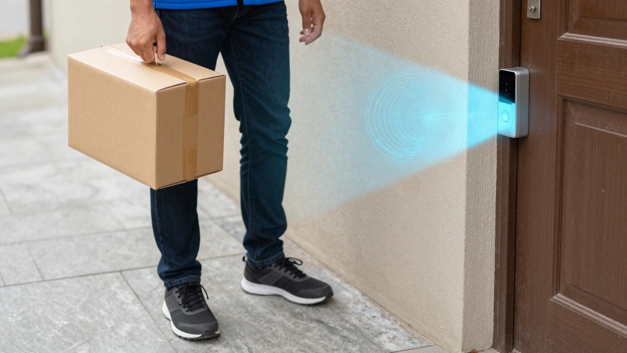 A delivery person triggering a doorbell camera's motion sensor on a porch.