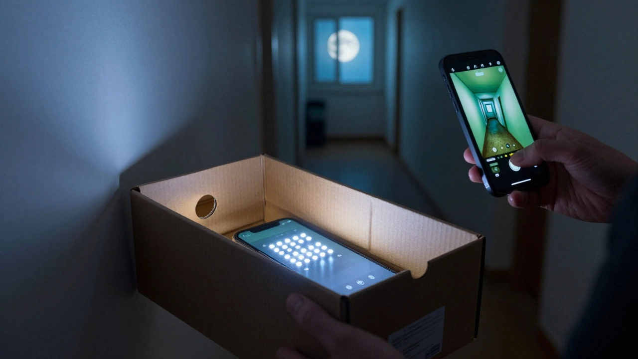 A DIY security camera made from a smartphone inside a shoebox in a dim hallway.
