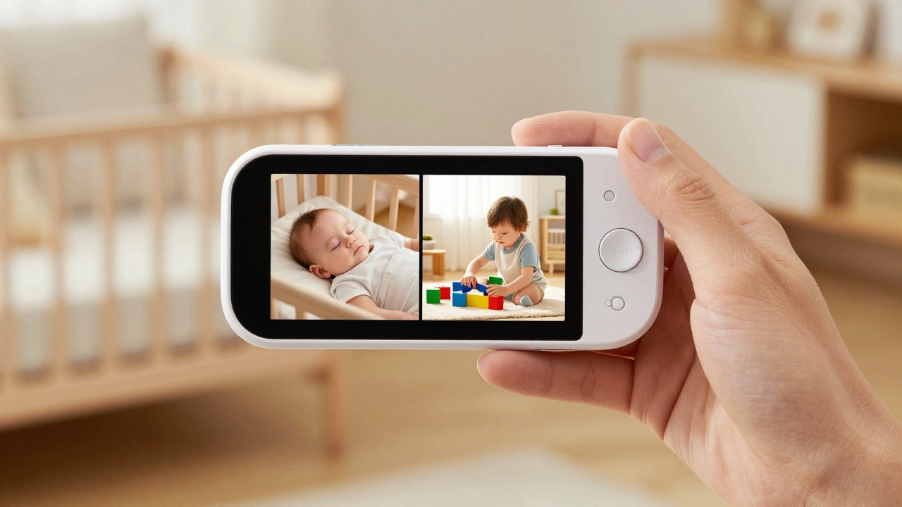 A parent holding a baby monitor with a split-screen view of a sleeping baby and a playing toddler.
