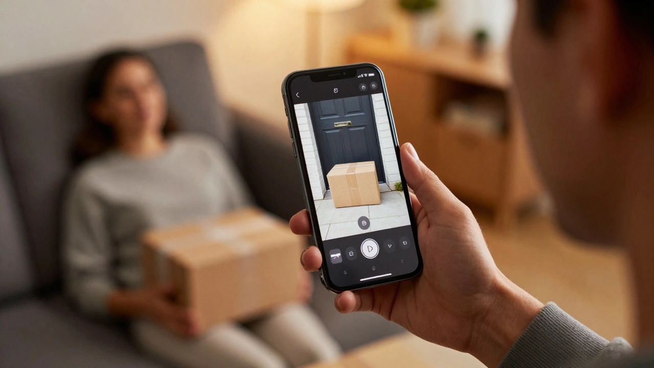 A person holding a smartphone showing a clear security photo of a package on a porch.
