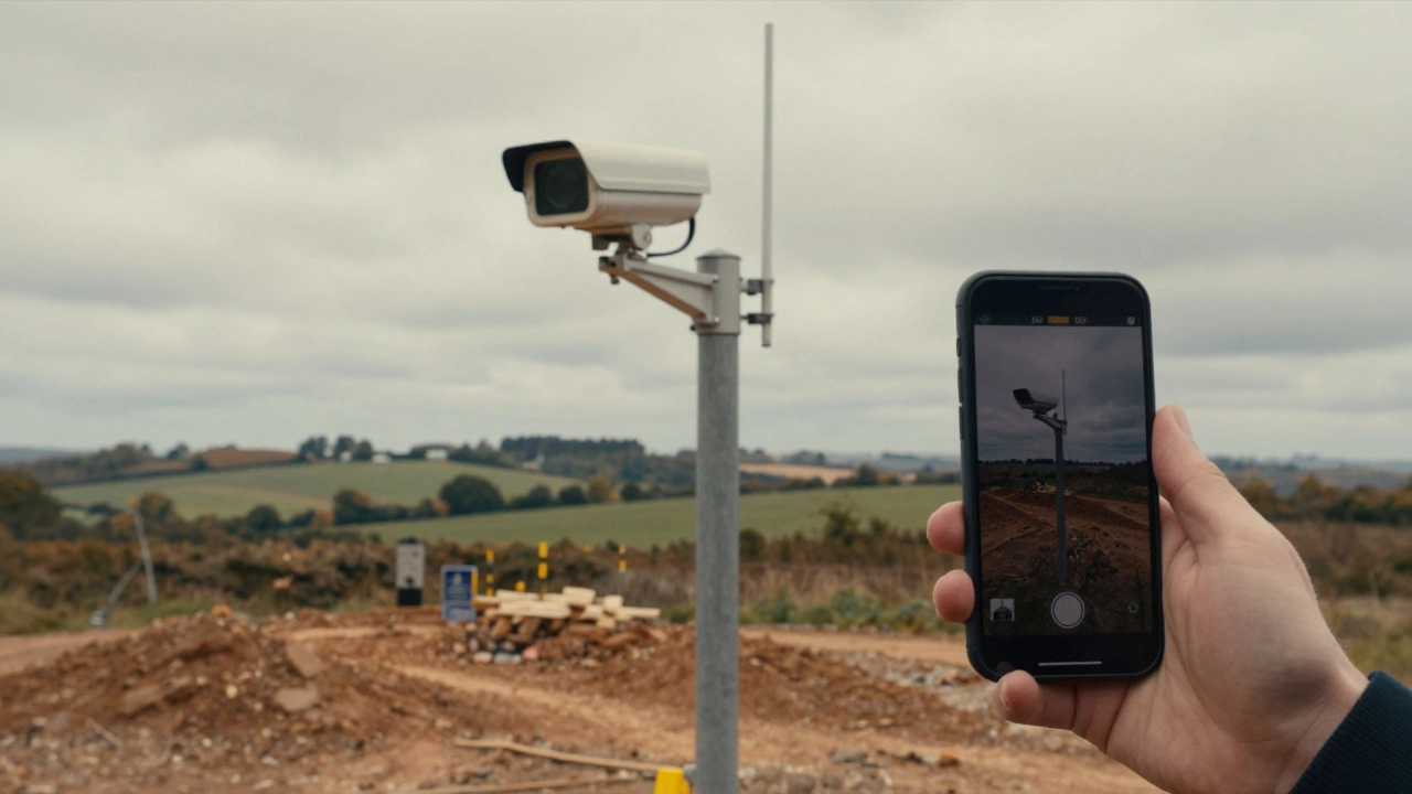 A person viewing a live cellular security camera feed on a smartphone at a construction site