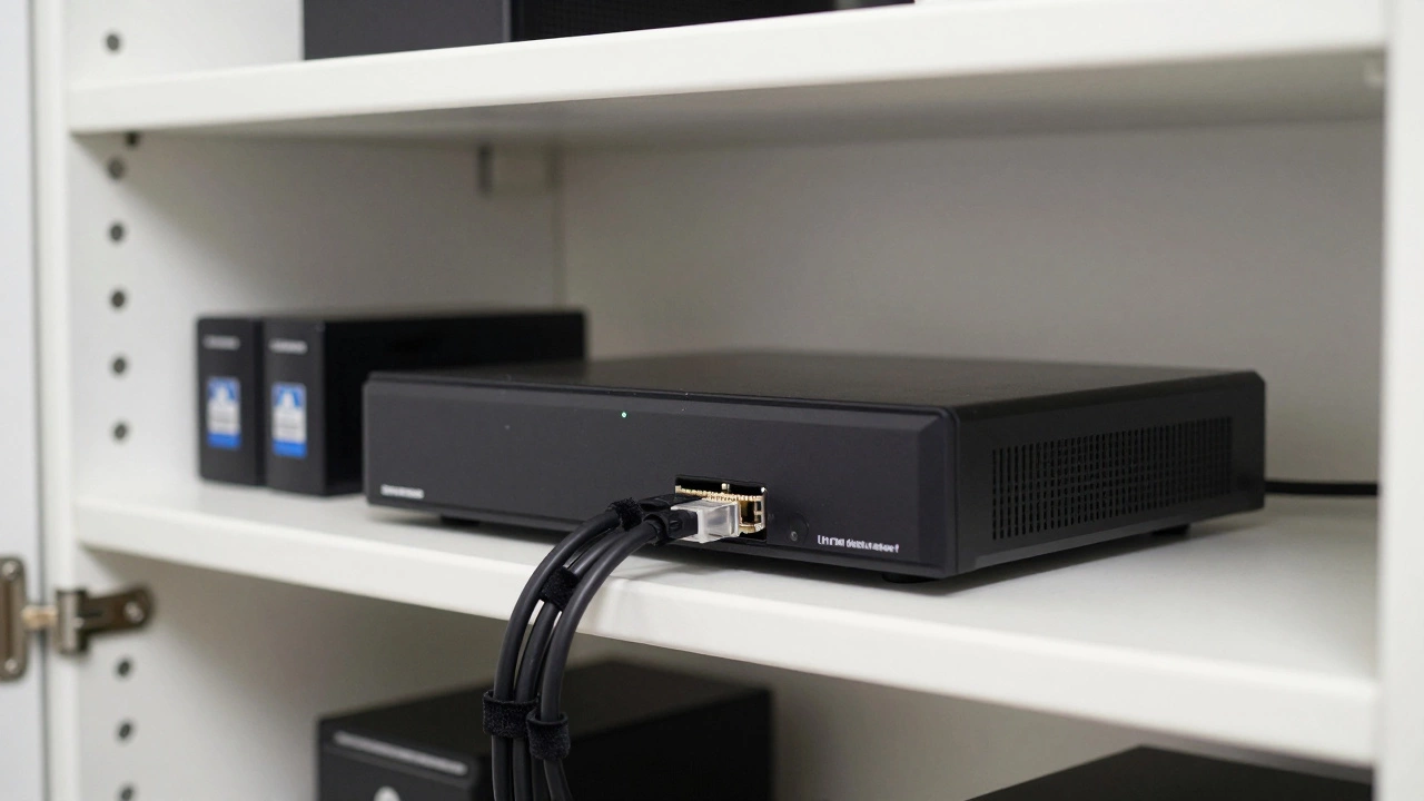 A security NVR system connected to a UPS battery backup in a home utility area.