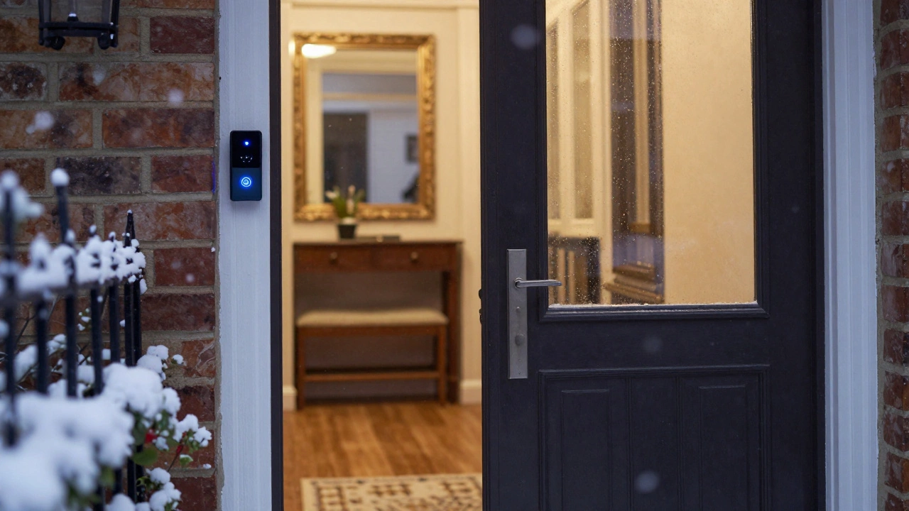 A smart doorbell active on a house entrance during a winter snowfall.