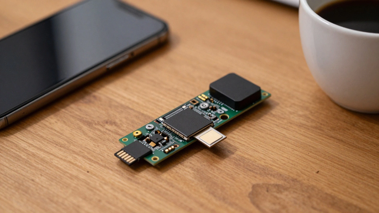 Blink Sync Module 2 with a microSD card on a wooden desk.