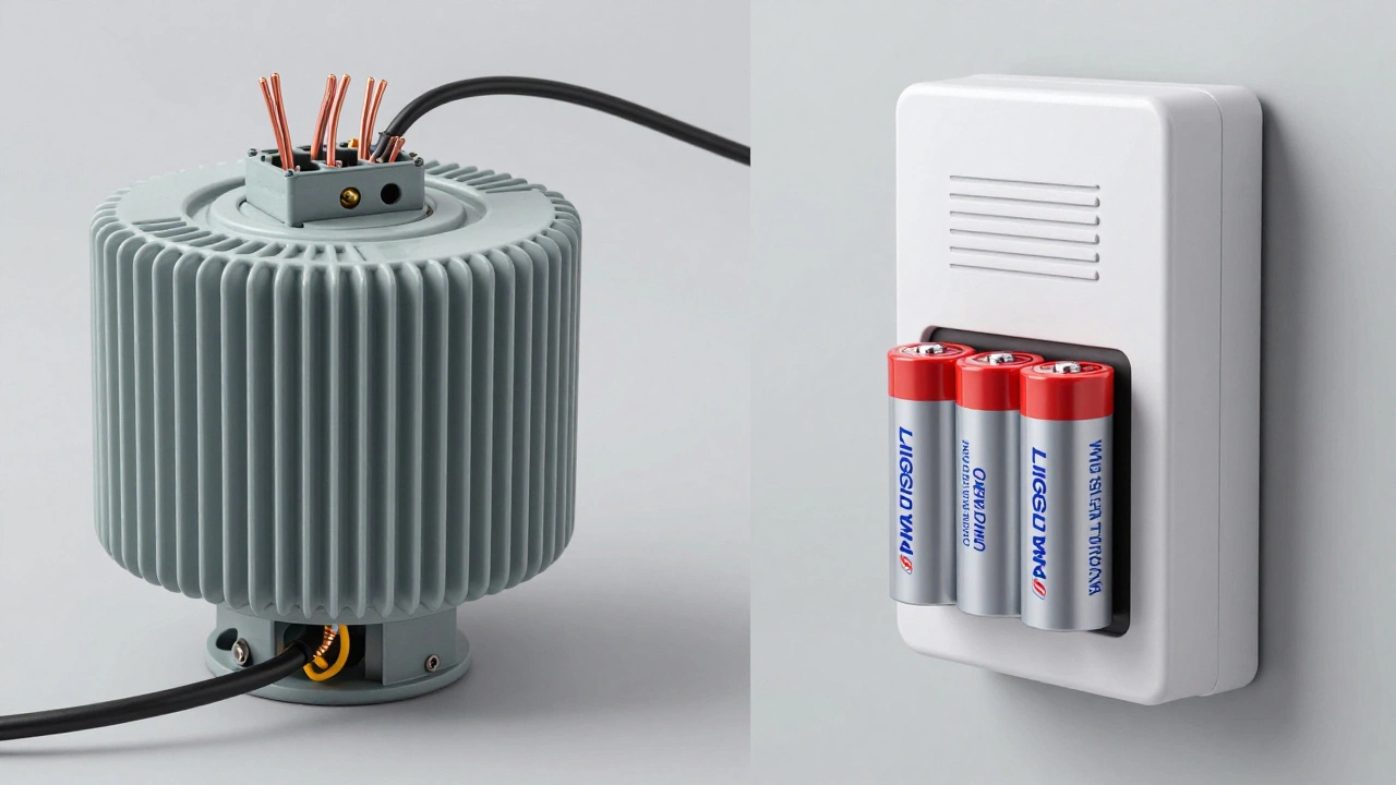 Comparison between a hardwired doorbell transformer and a rechargeable battery.