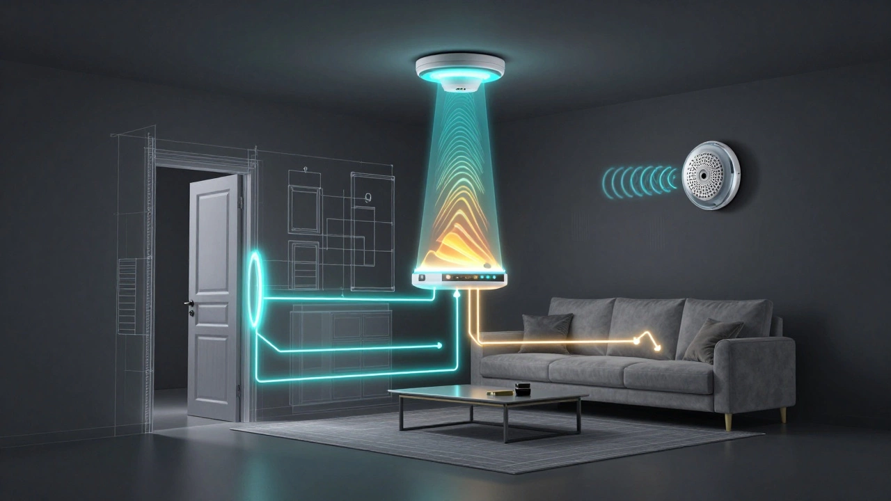 Conceptual 3D diagram of home security sensors and motion detection zones.