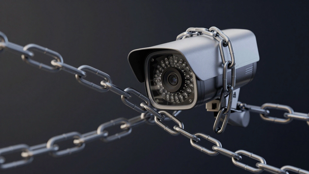 Conceptual 3D render of a security camera with a metallic chain symbolizing a contract