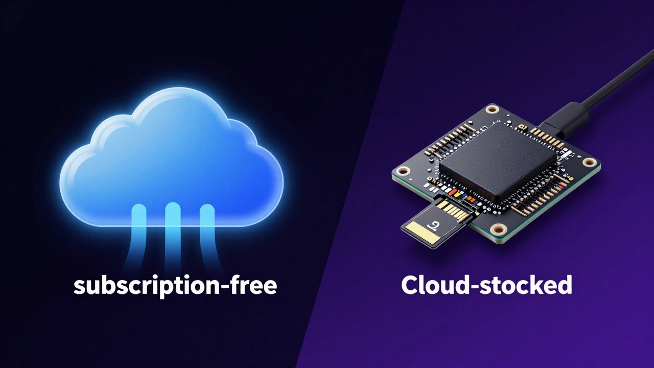 Conceptual art showing a cloud icon and a Sync Module with a microSD card.