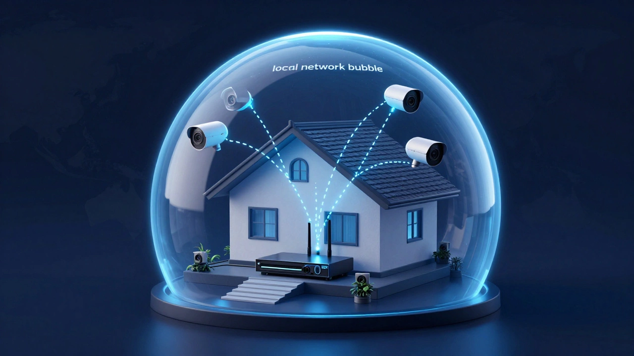 Conceptual illustration of a closed-circuit local network surrounding a house