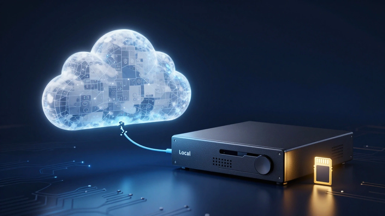Conceptual visualization of cloud storage versus local NVR and SD card storage.