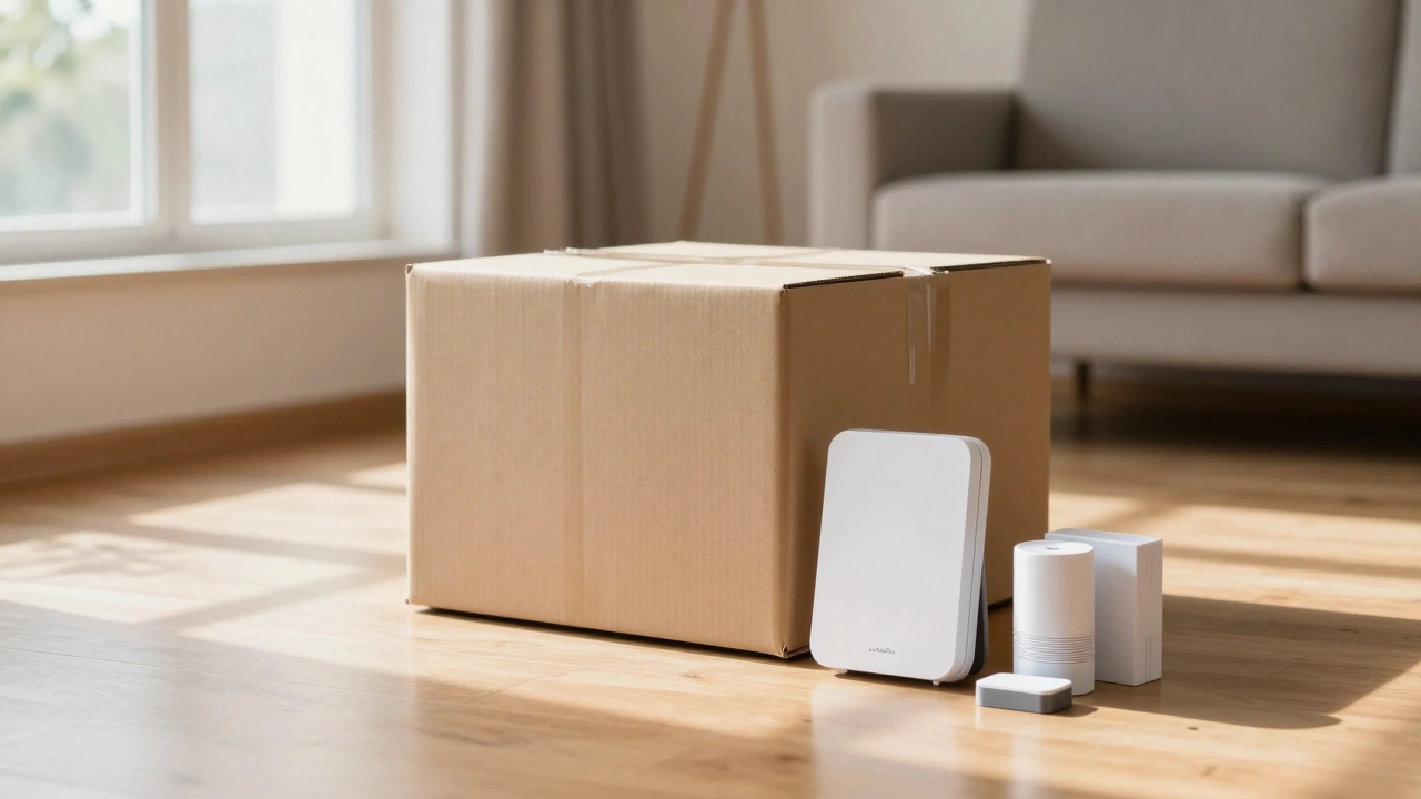 Home security equipment packed in a box in an empty room ready to be moved