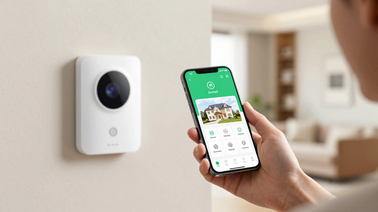 Person using a smartphone app to monitor a smart home security system.