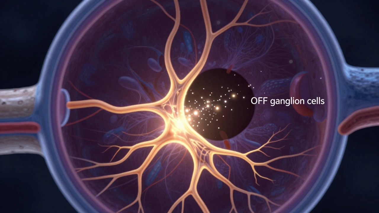 Scientific illustration of OFF ganglion cells in the retina detecting a dip in light