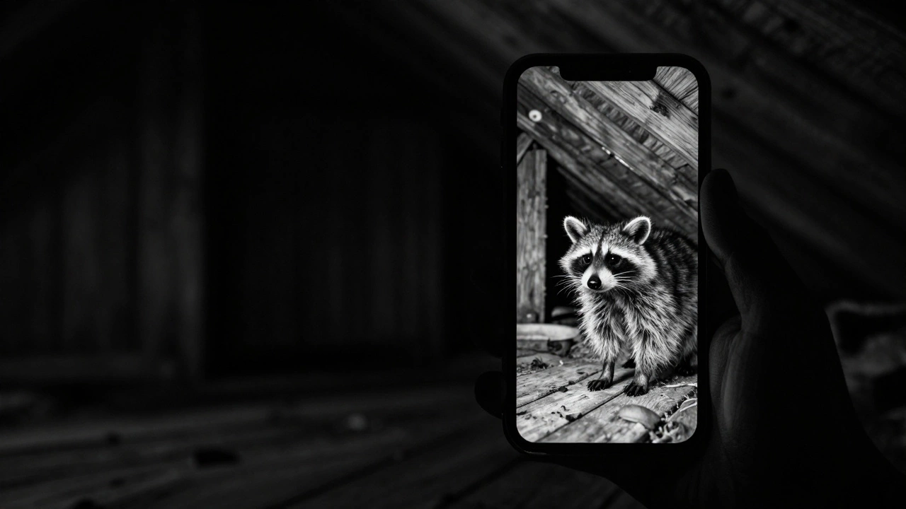 Split screen showing a dark room and its infrared view of a raccoon on a phone screen.