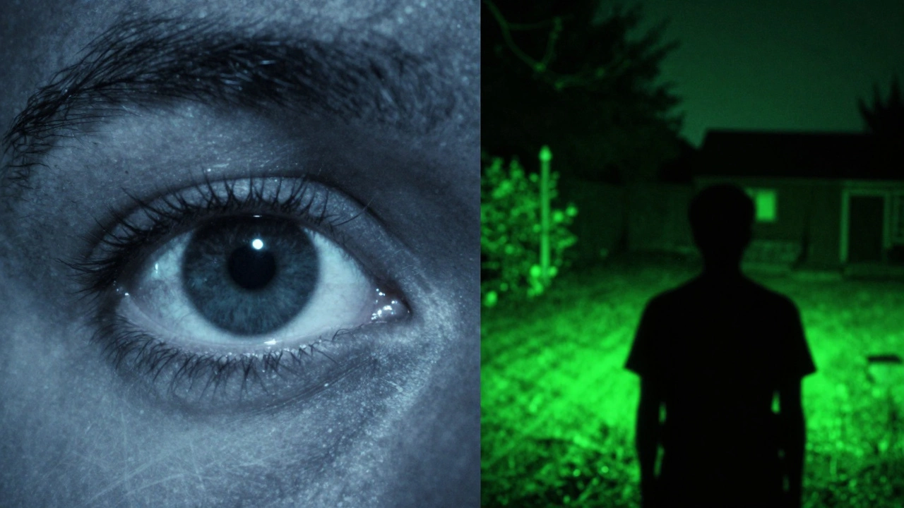 Split view comparing blurry blue human low-light vision and sharp green IR night vision