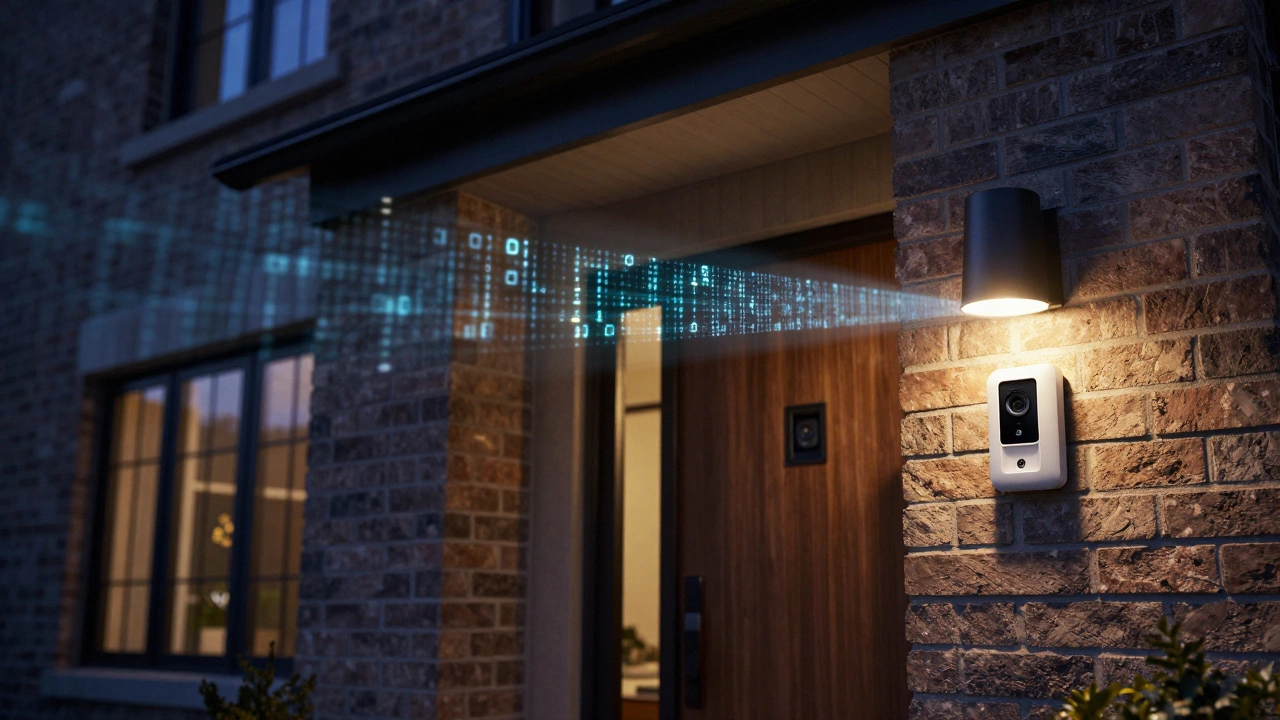 Wired doorbell camera at a home entrance at night with digital data symbols.