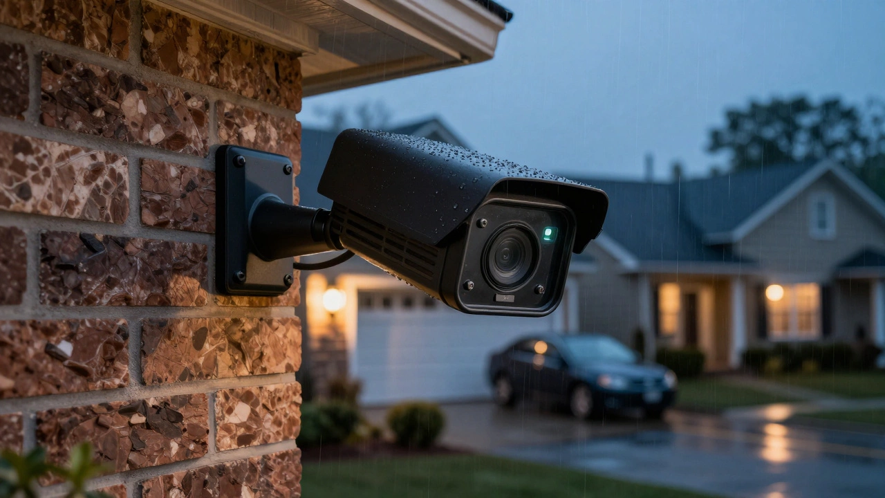 Black weatherproof outdoor camera on a brick house wall during rain.