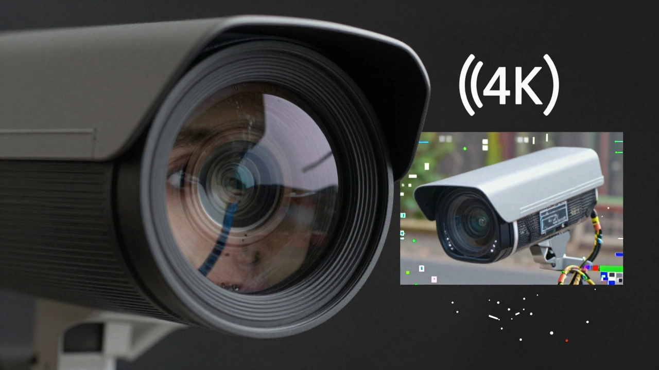 Camera lens view contrasting clear 4K wired footage with pixelated wireless video.