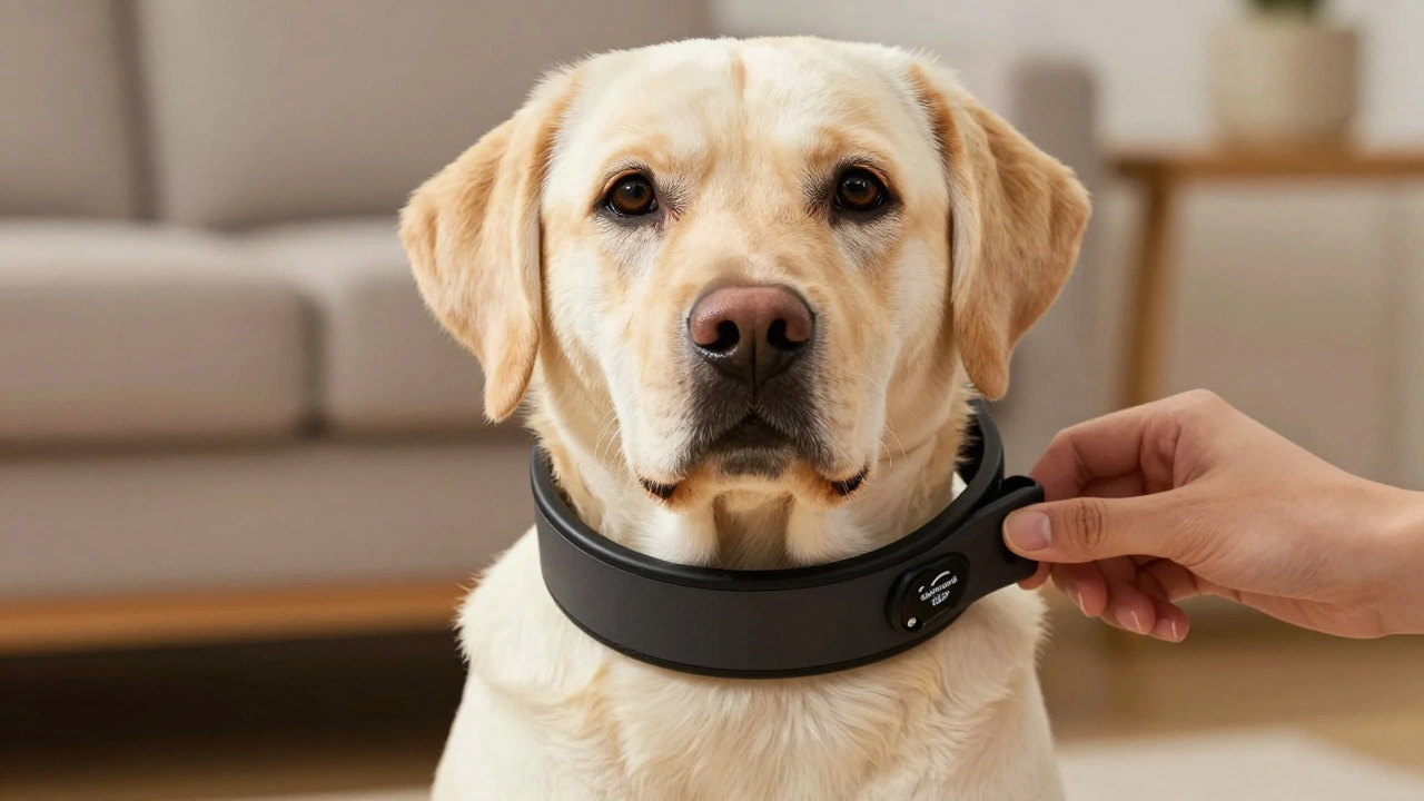 Dog wearing humane vibration collar being fitted by owner