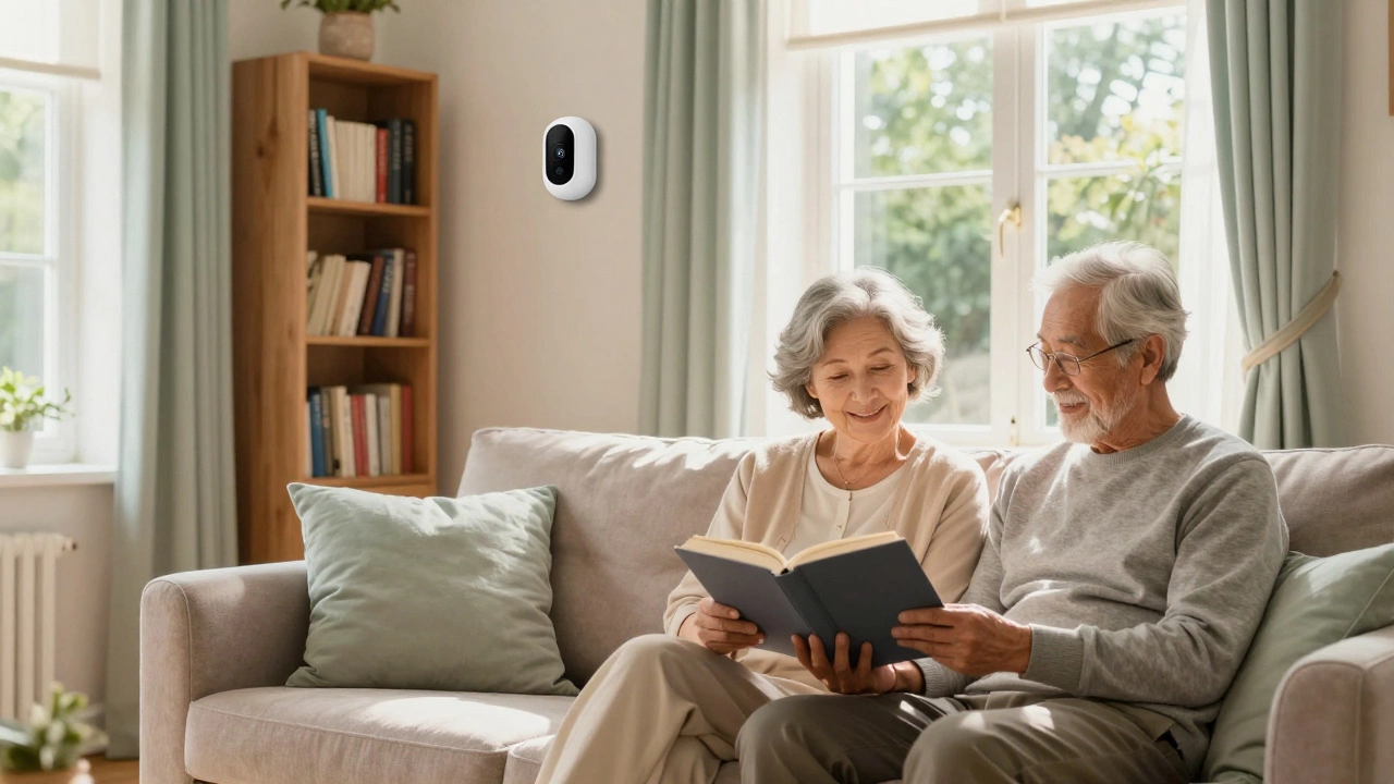 Elderly couple relaxing safely in a sunlit living room with discreet security sensors