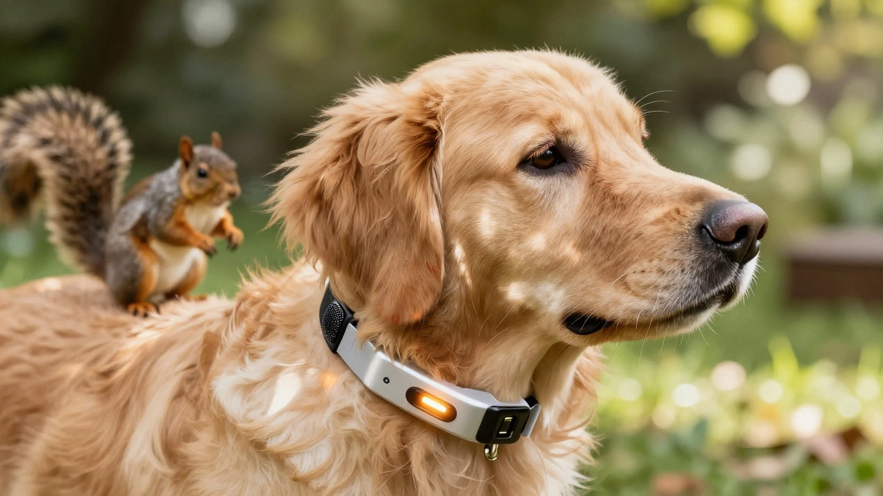 Golden retriever wearing a vibrating anti-bark collar in a sunny garden.