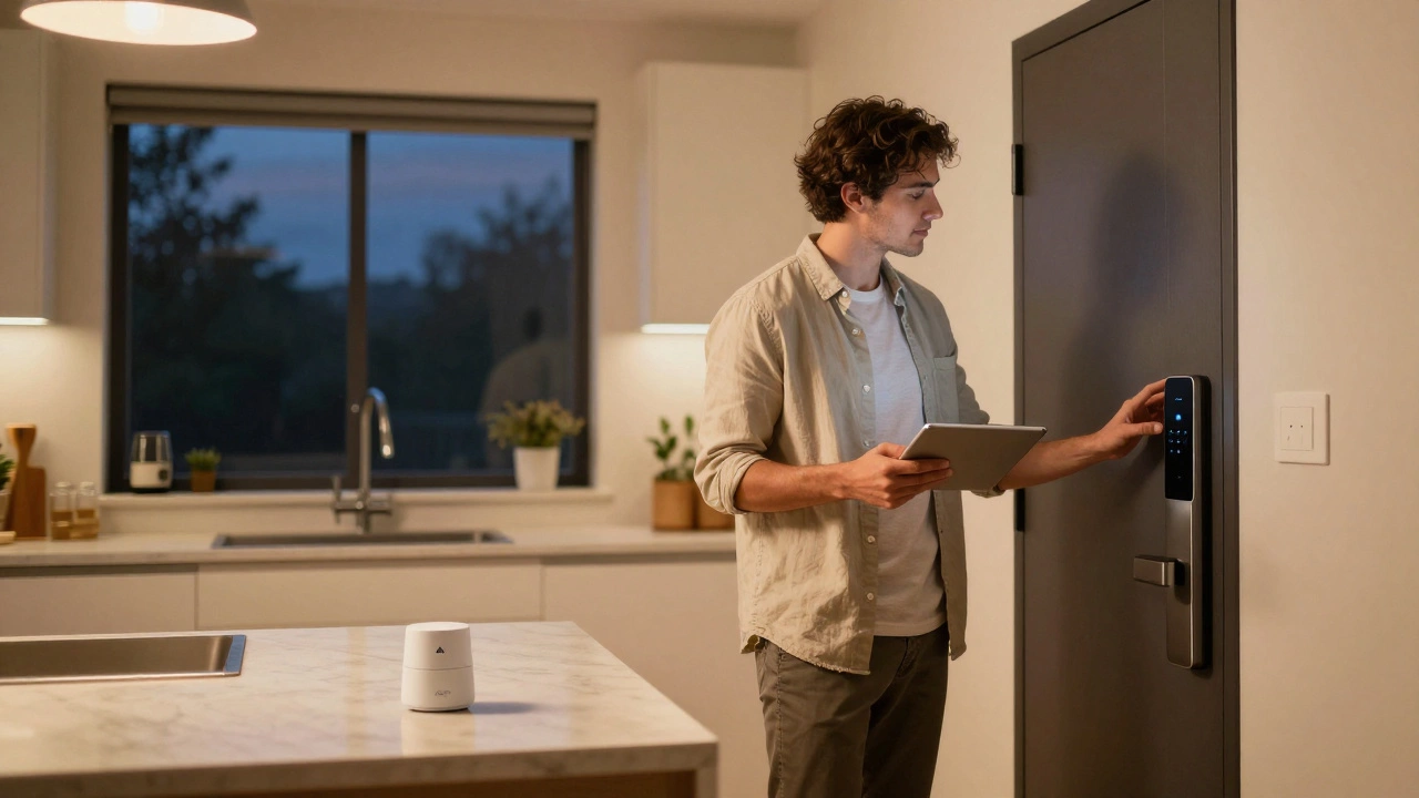 Homeowner using a tablet to check smart locks and security system at night